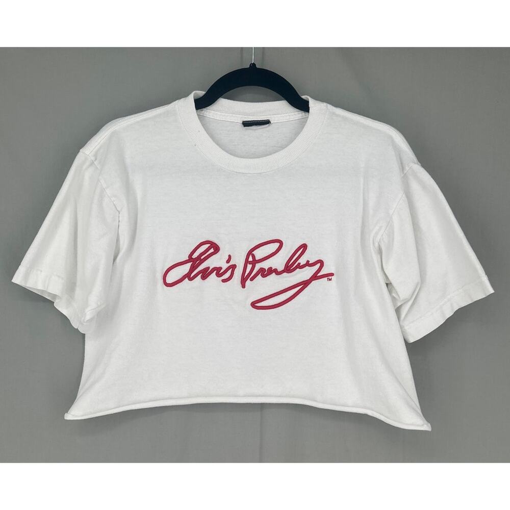 Vintage Elvis Shirt Womens Medium White Cropped Tee Signature Red Music